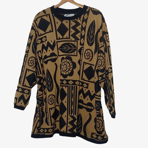 Vintage 80s Top Notch Womens Plus 2X Shirt Knit Geometric Flower Leaf Tan Black - Picture 1 of 10